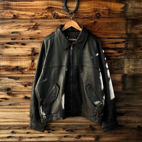 EDDIE BAUERLegend Journeyman Bomber Dark Chocolate Brown Black Leather Jacket